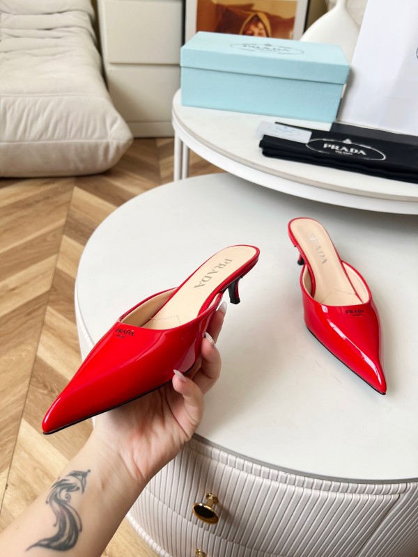 2025 Women Prada Red Patent Leather High Heel Mules LY