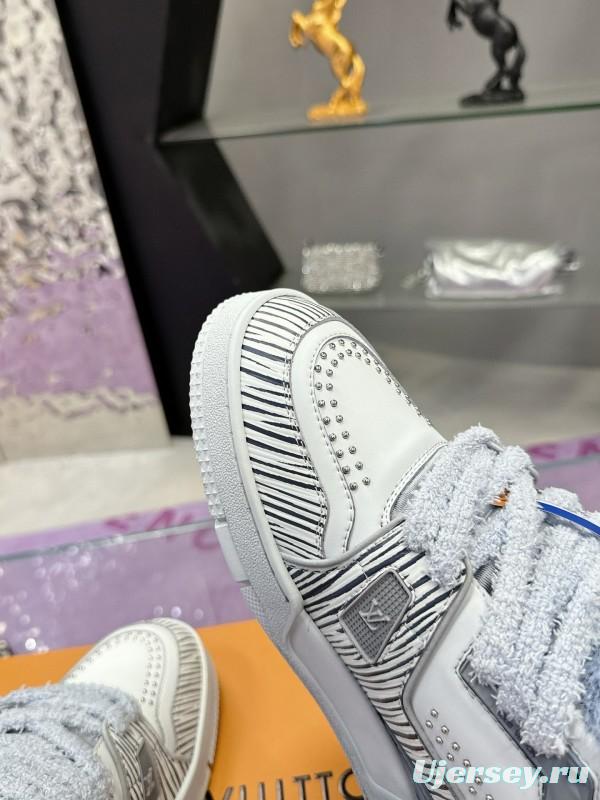 2024 Women Louis Vuitton White Grey Leather Fur Sneakers