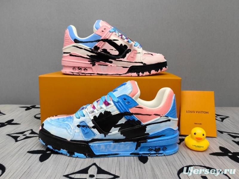 2025 Unisex Louis Vuitton Pink Blue Leather Canvas Plimsolls Hand Painted KFY00620