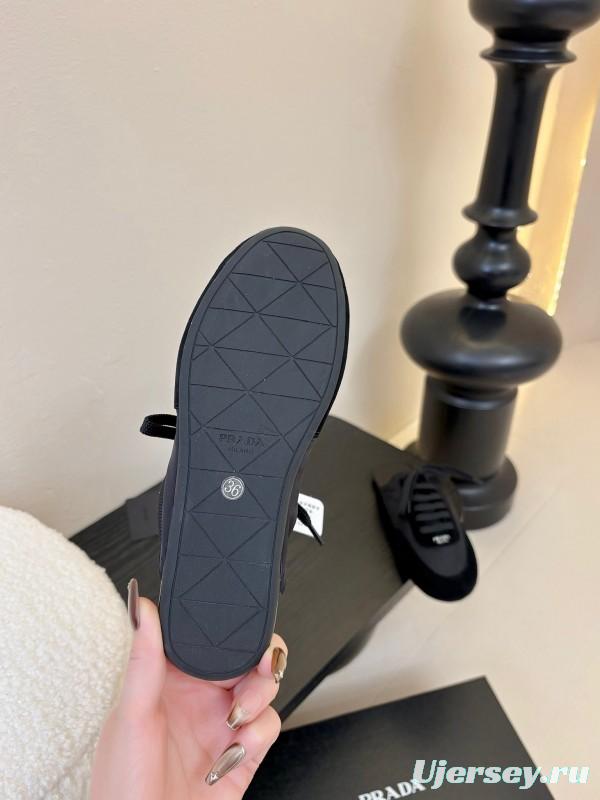 2025 Women Prada Black Suede Nylon Casual Lace-up Shoes