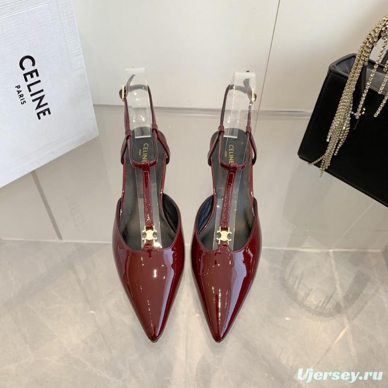 2025 Women Celine Red Patent Leather T-Strap Low Heel
