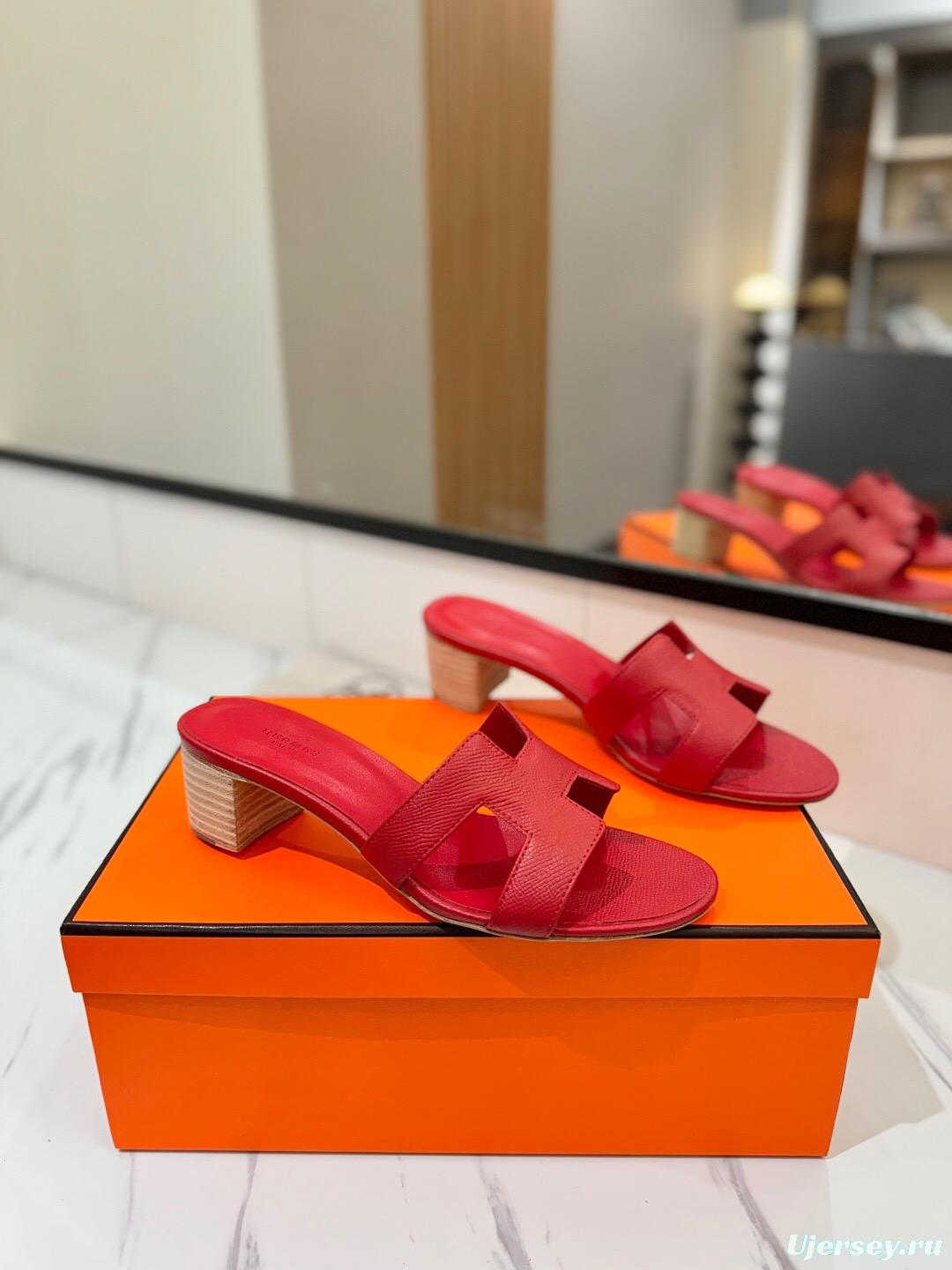 2025 Women Hermès Red Leather Slides