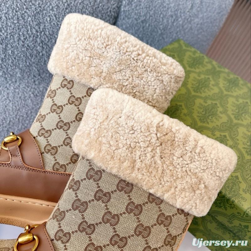 2024 Women Gucci beige brown leather shearling snow boots MJ00420