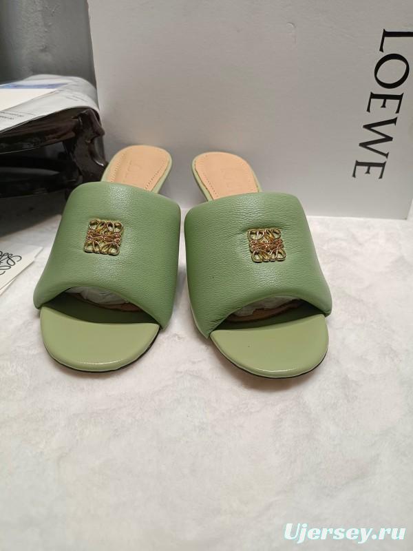 2025 Women Loewe Green Leather Slippers