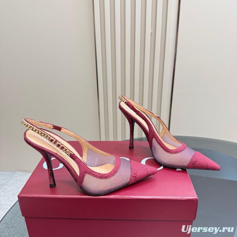 2025 Women Gucci Burgundy Mesh Chain Detail Slingback Pumps KFY00300(F)