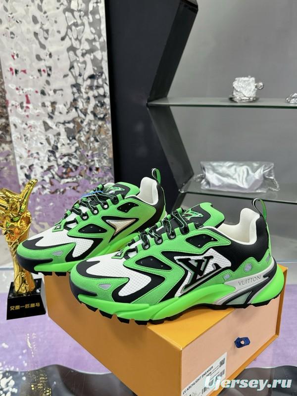 2025 Men Louis Vuitton Green Black White Mesh Leather Sneakers MJ00420