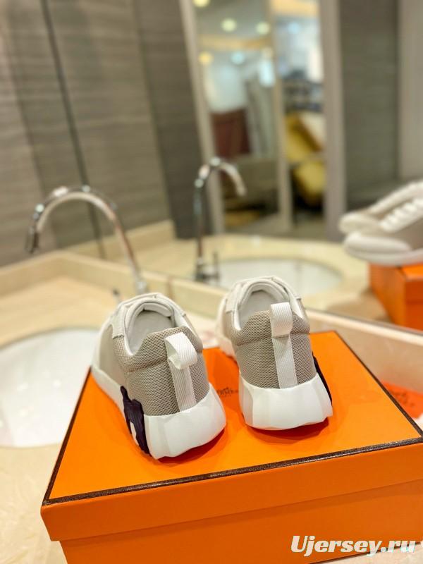 2024 Women Hermès White Beige Mesh Leather Sneakers MJ00320