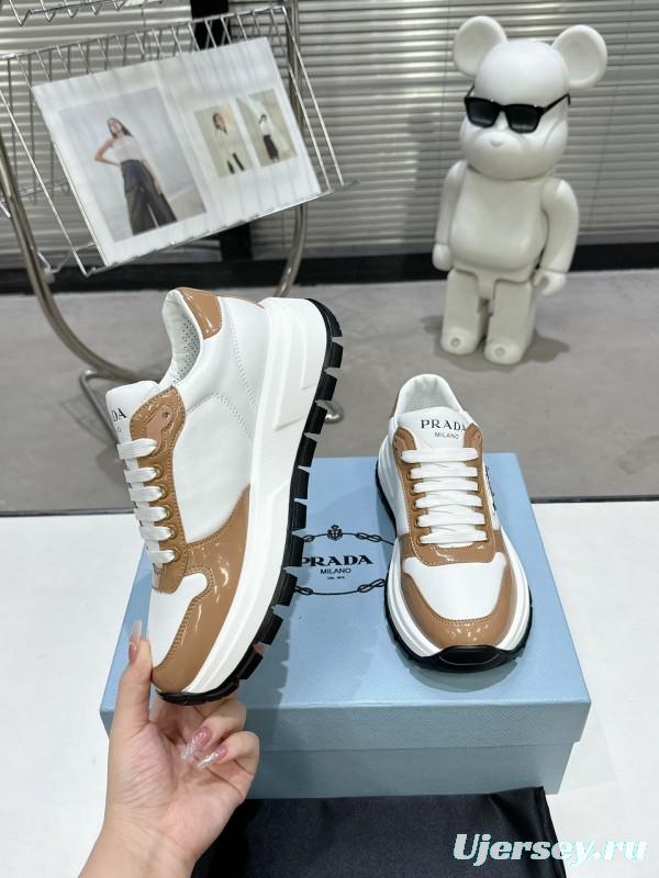 2025 Women Prada White Brown Leather Sneakers