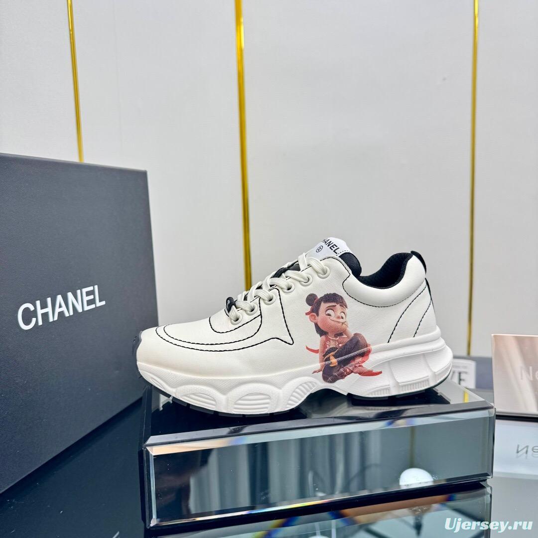 2025 Women Chanel White Leather Sneakers Cartoon Graphic