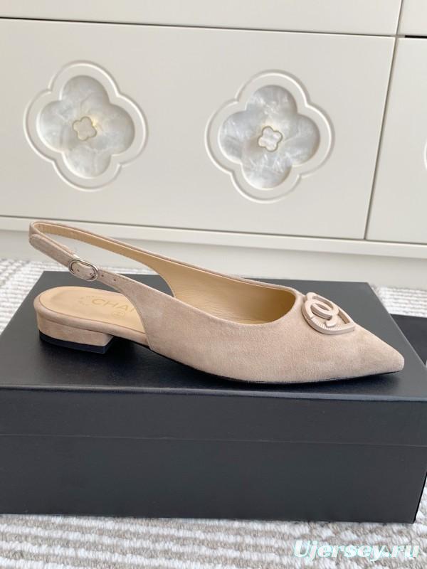 2025 Women Chanel Beige Suede Slingback Heart Logo KFY00300