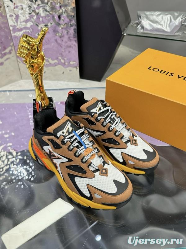 2025 Men Louis Vuitton Brown White Black Mesh Leather Sneakers MJ00420