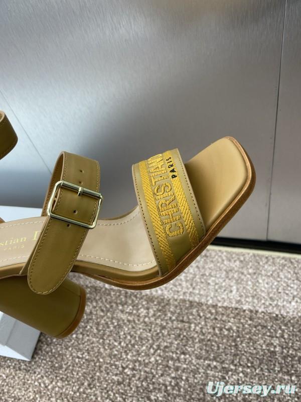 2025 Women Dior Yellow Leather Embroidered High Heel Sandals
