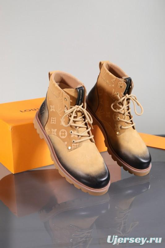 2024 Men Louis Vuitton Beige Black Leather Canvas Boots MJ00470