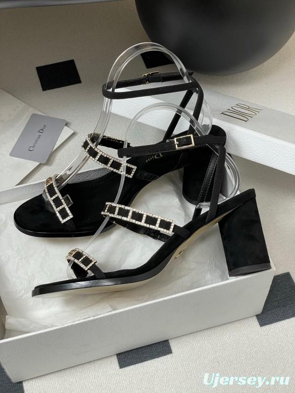 2025 Women Dior Black Suede Crystal Embellished Strap Sandals