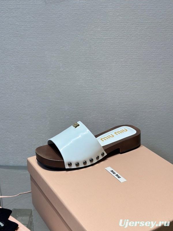 2025 Women Miumiu White Leather Slippers