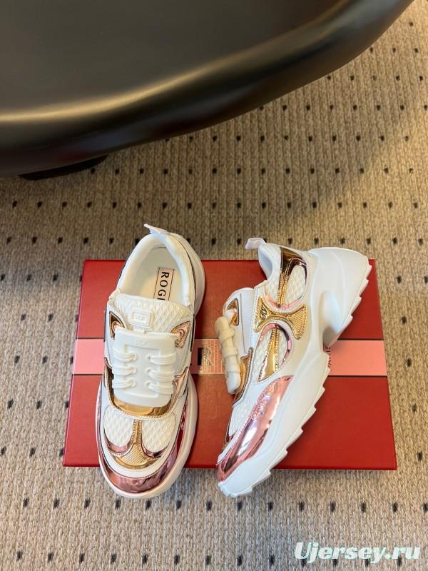 2025 Women Roger Vivier White Pink Leather Mesh Sneakers KFY00380