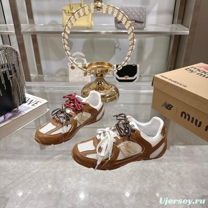 2025 Women Miumiu Brown White Leather Mesh Sneakers