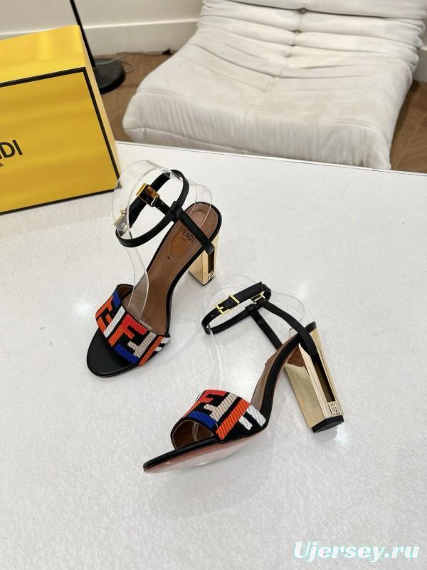 2025 Women Fendi Black Multicolor Leather Suede Sandals MJ00280