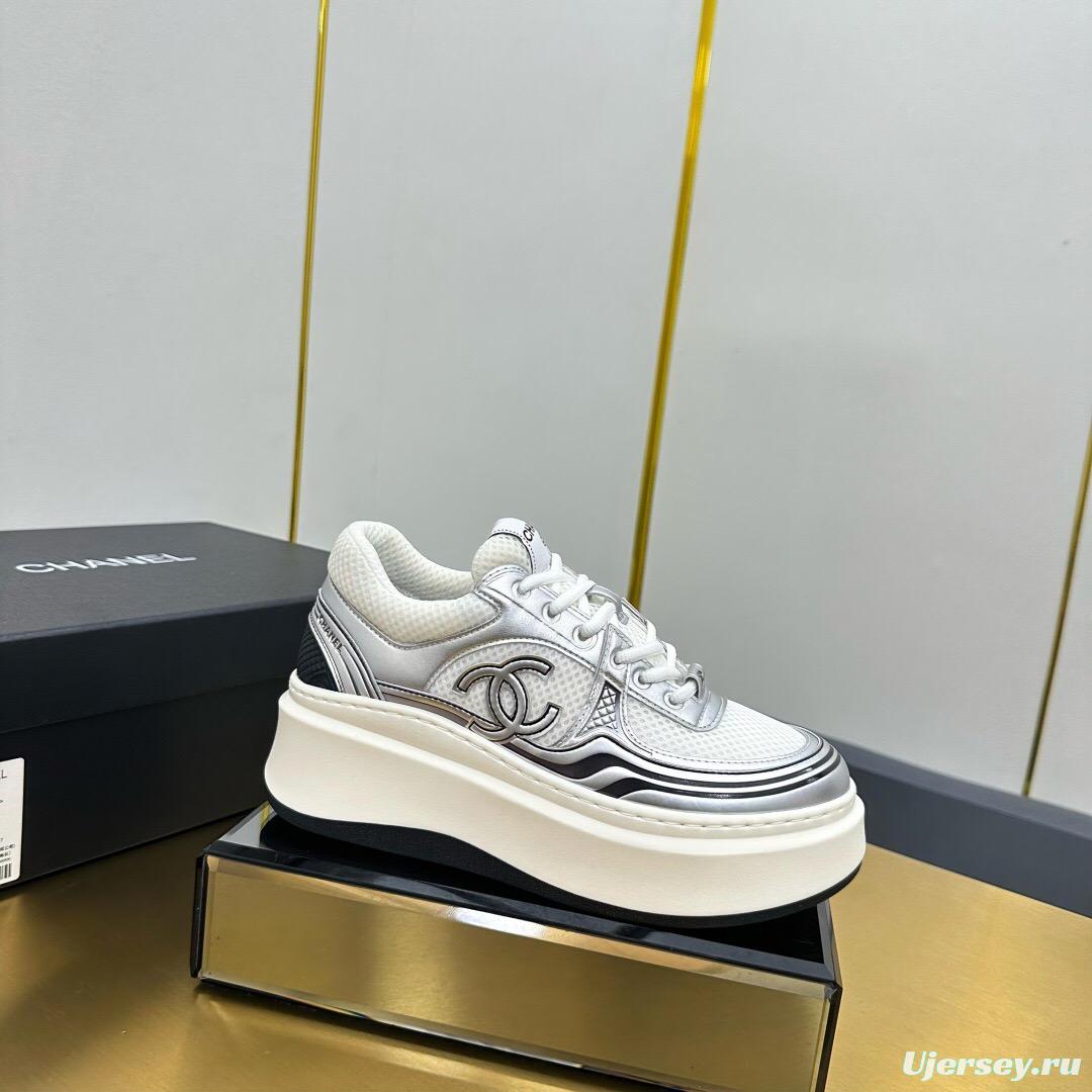 2025 Women Chanel White Silver Leather Mesh Sneakers