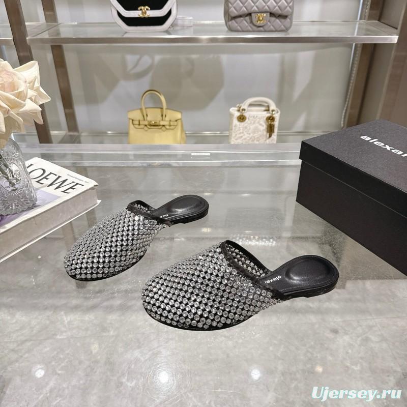2025 Slippers Alexander Wang Black Crystal Mesh Leather Slippers LY00310