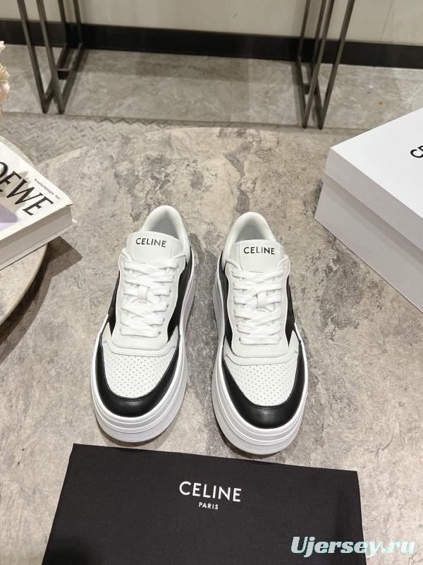 2025 Women Celine Black White Leather Platform Sneakers KFY00330