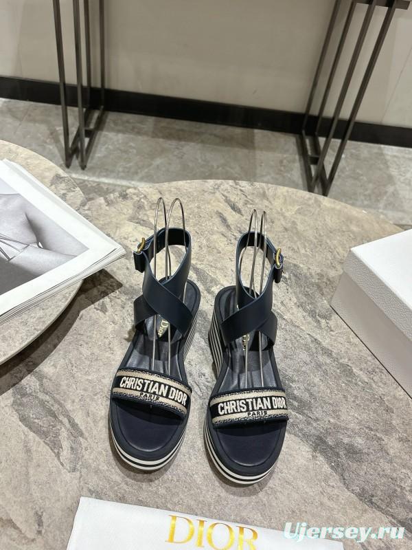 2025 Women Dior Black Leather Sandals Christian Dior Logo KFY00280