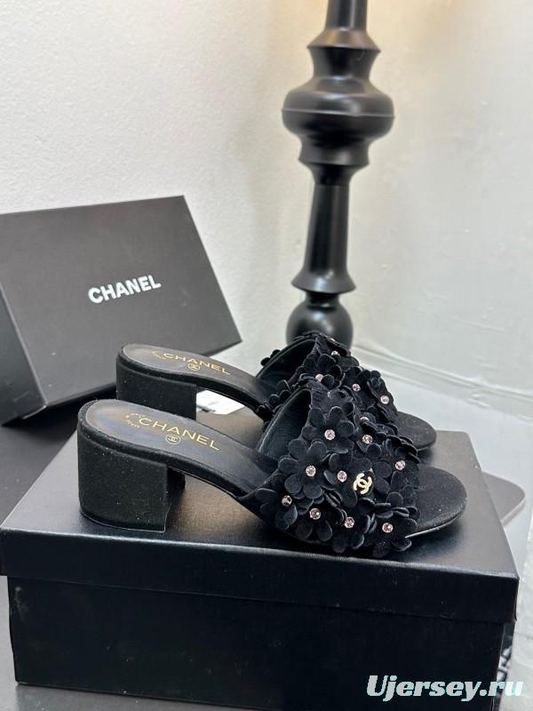 2025 Women Chanel Black Suede Heeled Slippers