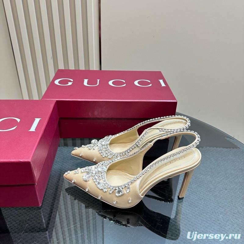 2025 Women Gucci Beige Silk Crystal Embellished Slingback Heels MJ00340