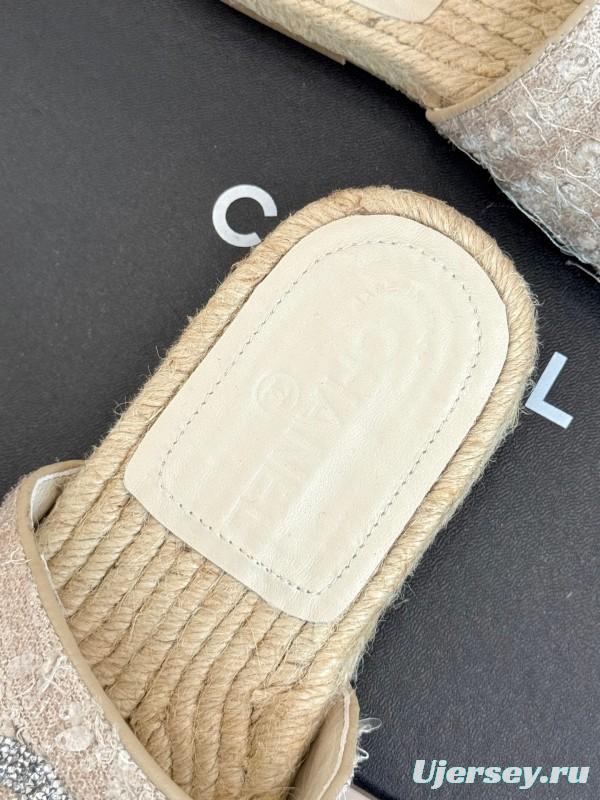 2025/Women Chanel White Lace Espadrille Slides With Sequined CC Logo KFY00240(F)