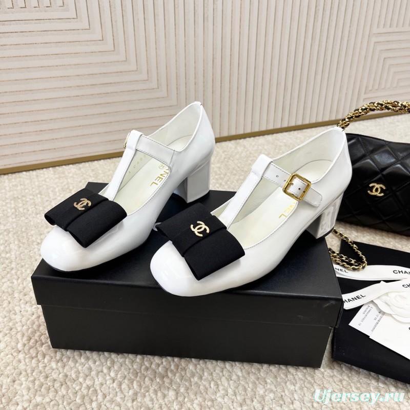 2025 Women Chanel White Black Leather Mary Jane Bow KFY00310