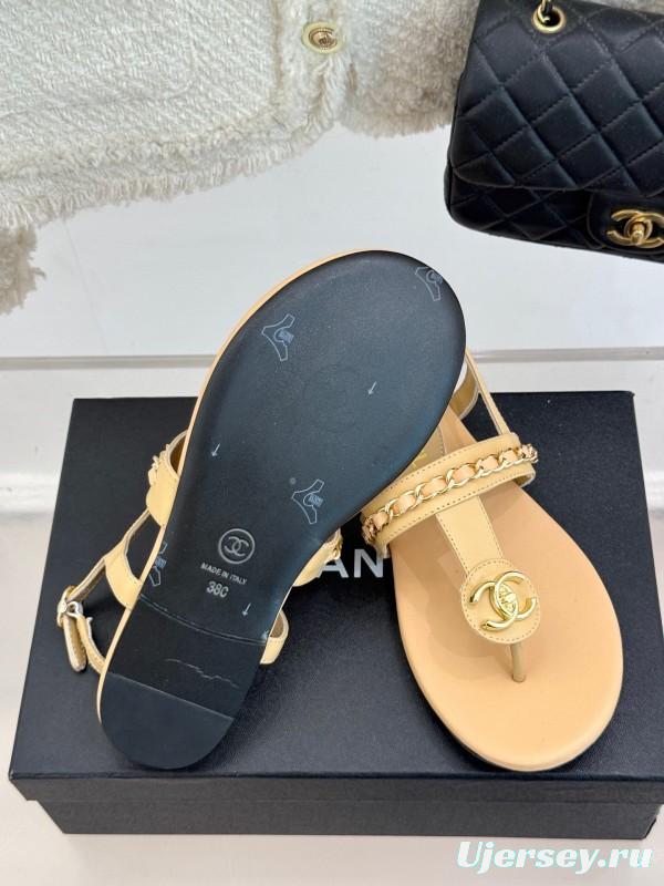 2025 Women Chanel Apricot Leather Sandals KFY00250