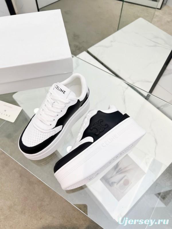 2025 Women CELINE Black White Leather Sneakers KFY00270