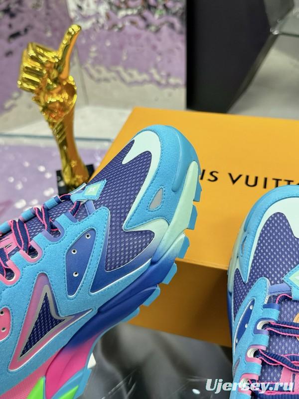 2025 Men Louis Vuitton Blue Pink Green Mesh Leather Sneakers MJ00420