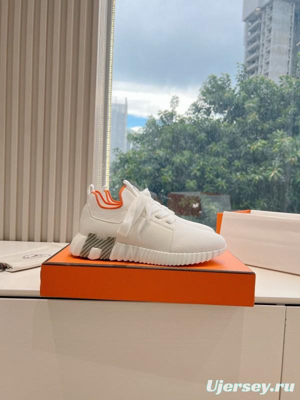 2024 Unisex Hermès white orange knit leather sneakers