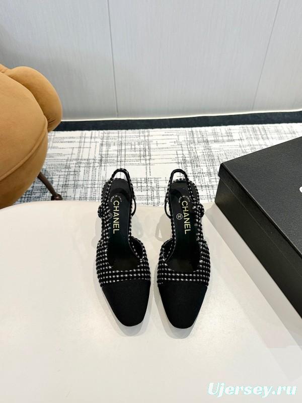 2025 Women Chanel Black White Fabric Slingback Heels LY00240