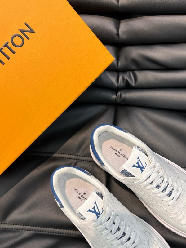 2024 Men Louis Vuitton White Blue Mesh Leather Sneakers MJ00400