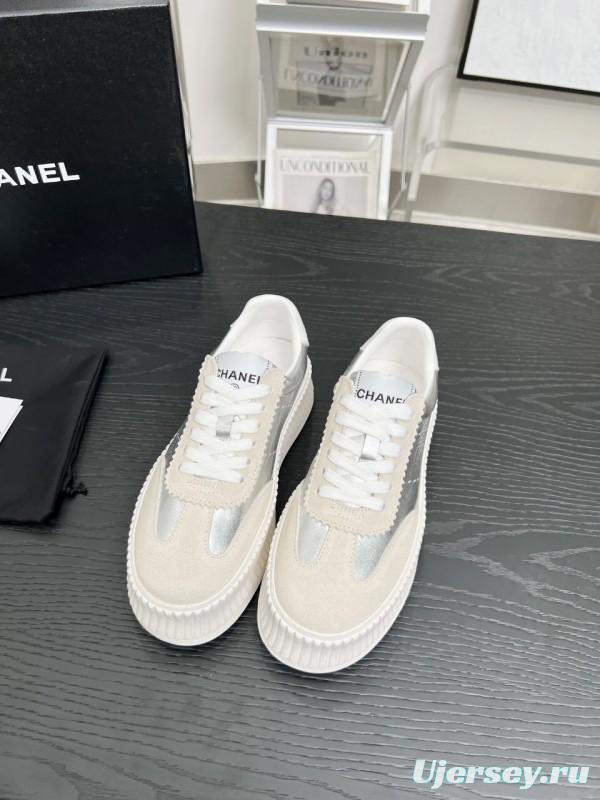 2025 Women Chanel White Silver Suede Leather Sneakers LY00270