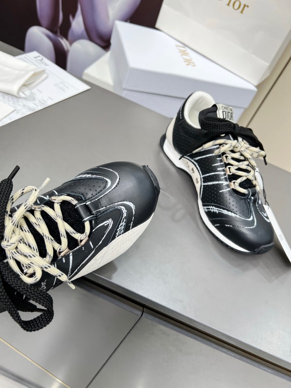 2025 Women Dior Black White Leather Sneakers Handwritten Logo KFY00290