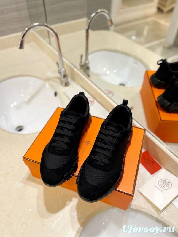 2024 Unisex Hermès Black Imported Glossy Goat Suede Rainproof Fabric Casual Sneakers MJ00320