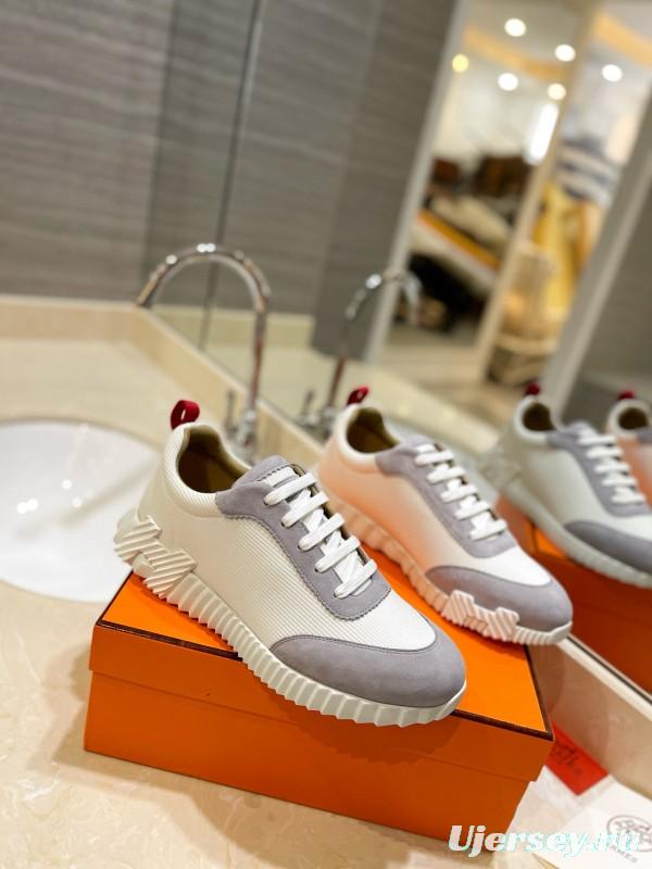 2024 Unisex Hermès White Grey Silk Leather Sneakers MJ00320