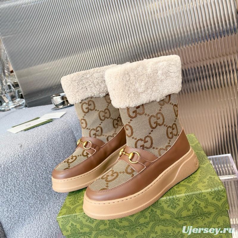 2024 Women Gucci brown leather sheep wool snow boots MJ00420