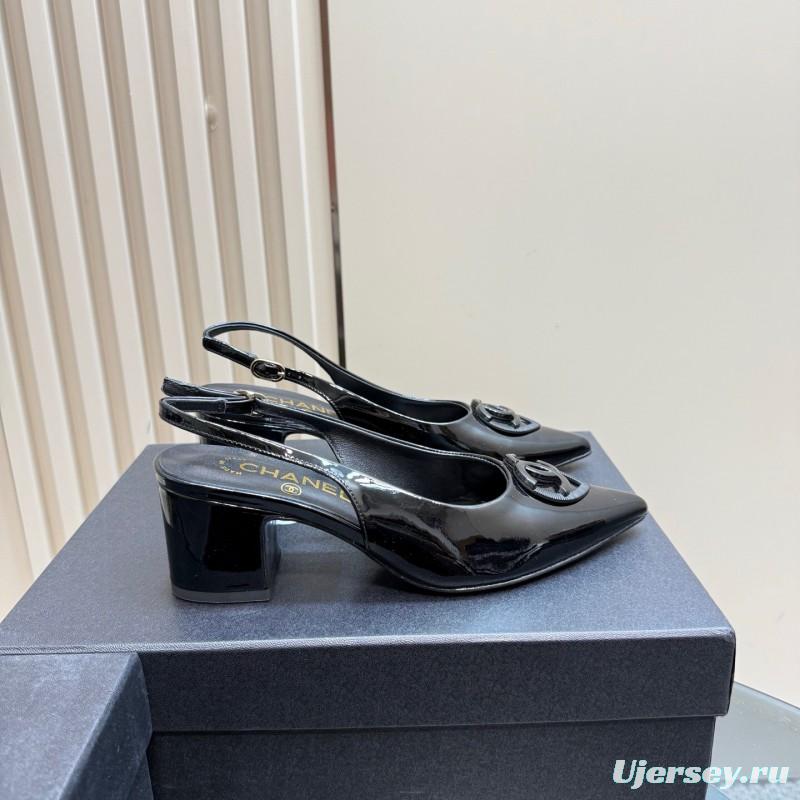 2025 Women Chanel Black Patent Leather Slingback Pumps