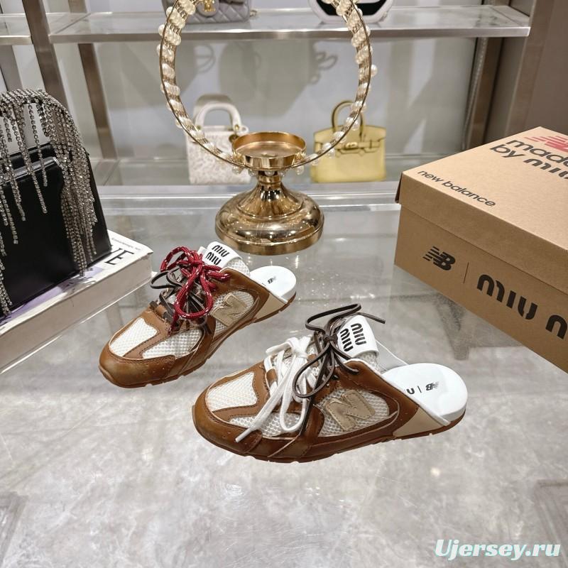 2025 Women Miumiu Brown White Leather Mesh Sneakers