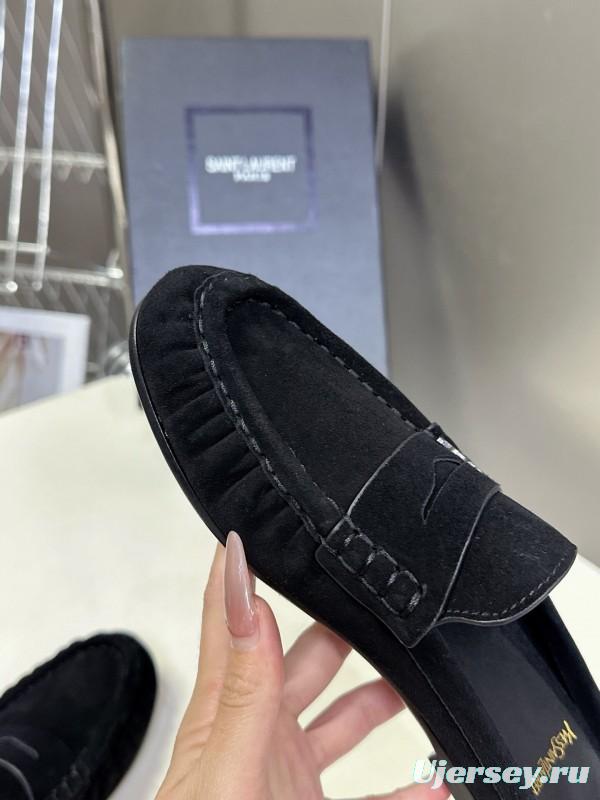 2025 Women Yves Saint Laurent Black Suede Loafers KFY00330