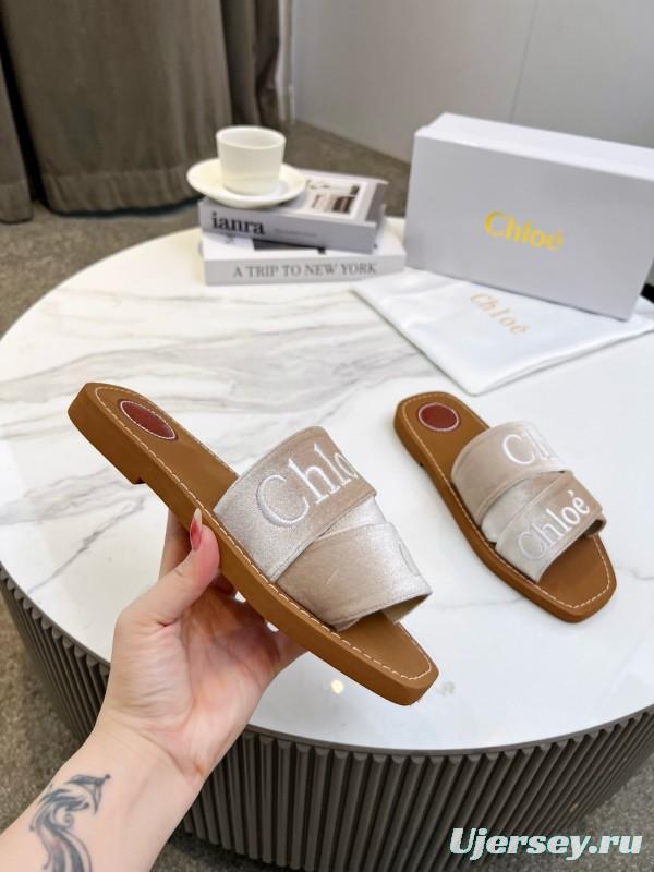2025 Women Chloé Beige Velvet Slippers LY00200