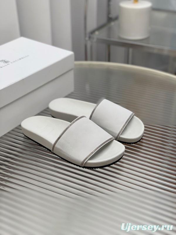 2025 Unisex Brunello Cucinelli White Imported Suede Flat Slide Sandals Handmade Beaded Chain Inlay KFY00240