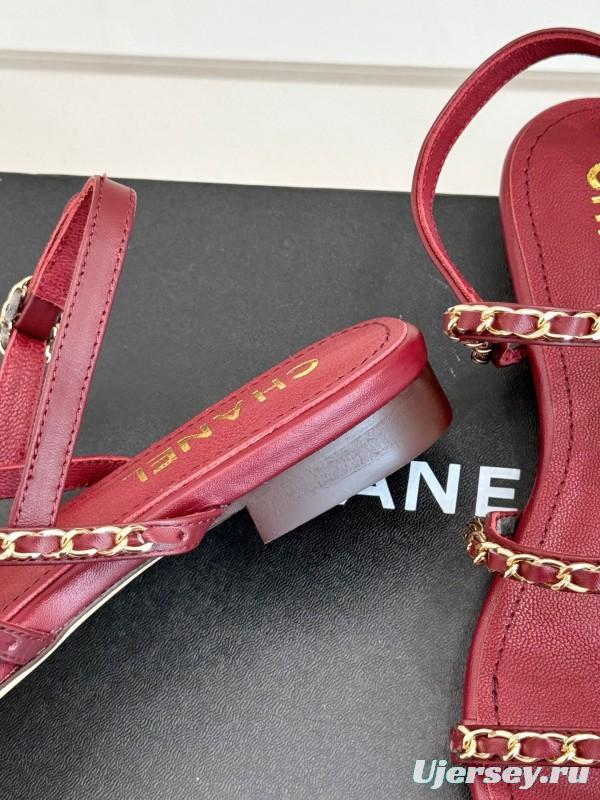 2025 Women Chanel Red Lambskin Chain Strap Sandals