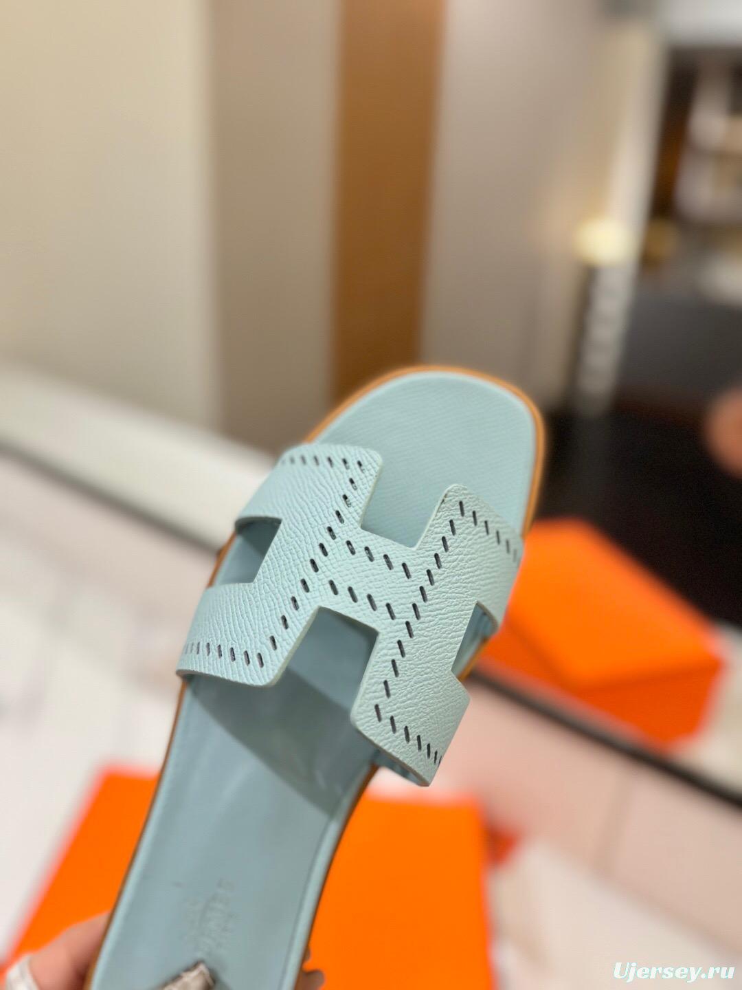 2025 Women Hermès Light Blue Leather Slippers