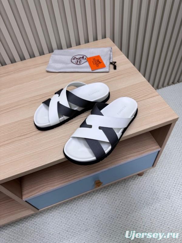 2025 Men Hermès White Black Leather Slippers