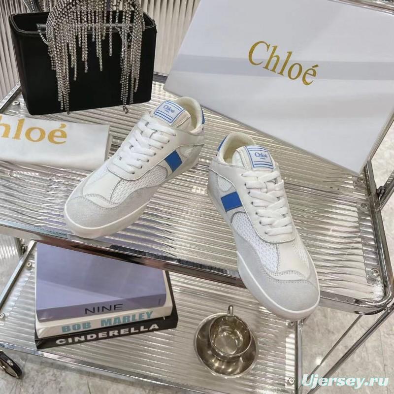 2025 Women Chloé White Blue Mesh Leather Casual Sneakers LY00280